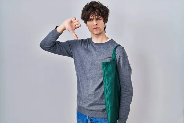 Young Man Wearing Reusable Bag Angry Face Negative Sign Showing — Stock Photo, Image