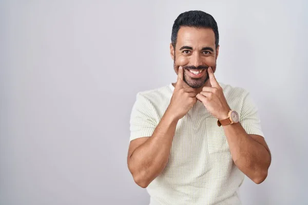 Hispanic Man Beard Standing Isolated Background Smiling Open Mouth Fingers — стоковое фото