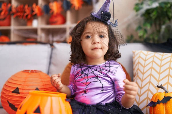 Adorable Hispanic Toddler Having Halloween Party Sitting Sofa Home — Foto de Stock