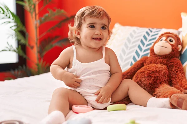 Adorable Hispanic Toddler Smiling Confident Sitting Bed Bedroom — Foto Stock