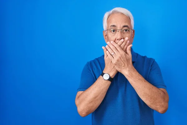 Middle Age Man Grey Hair Standing Blue Background Shocked Covering — Stock fotografie