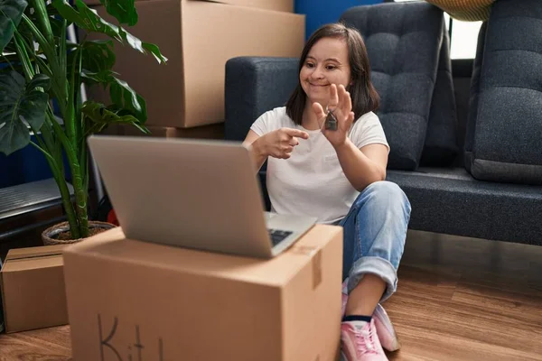Hispanic Girl Syndrome Sitting Floor New Home Laptop Smiling Happy —  Fotos de Stock