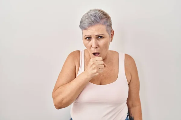 Middle Age Caucasian Woman Standing White Background Feeling Unwell Coughing — Zdjęcie stockowe