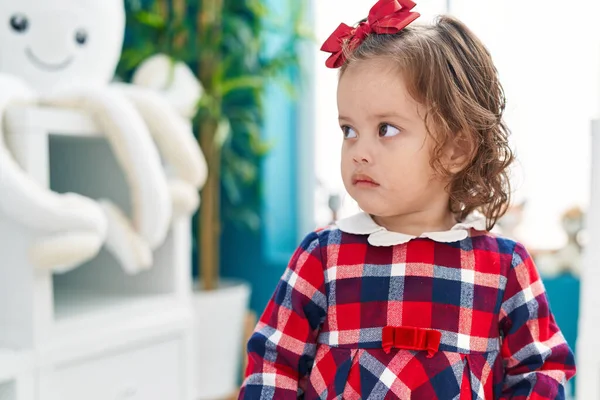 Adorable Blonde Toddler Standing Serious Expression Kindergarten — Stock Photo, Image