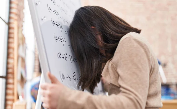 Adorable Hispanic Girl Student Solving Maths Exercise Stressed Head Chalkboard — Stock Photo, Image