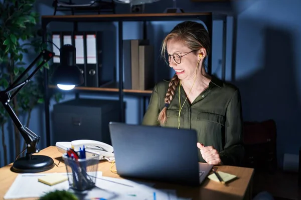 Young Blonde Woman Working Office Night Disgusted Expression Displeased Fearful — Foto Stock