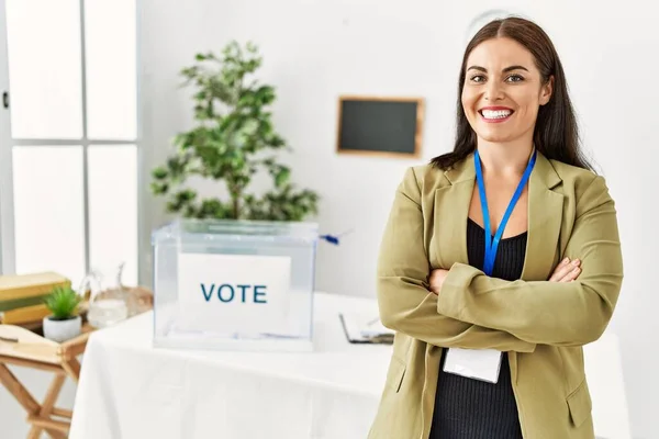 Young Beautiful Hispanic Woman Electoral Table President Standing Arms Crossed — Stock Photo, Image