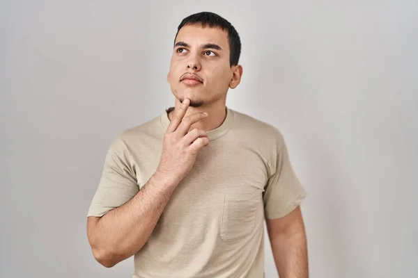 Young Arab Man Wearing Casual Shirt Thinking Concentrated Doubt Finger — Stock Photo, Image