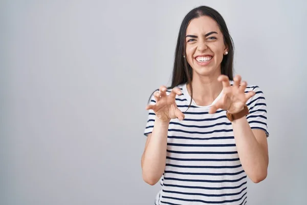 Young Brunette Woman Wearing Striped Shirt Smiling Funny Doing Claw — Stock Photo, Image