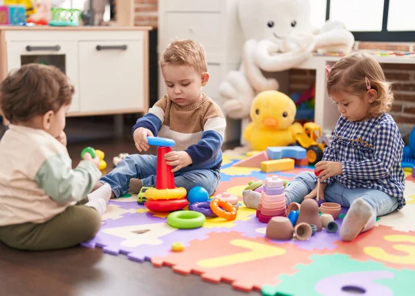 Group Kids Playing Hoops Toys Sitting Floor Kindergarten — Stok fotoğraf