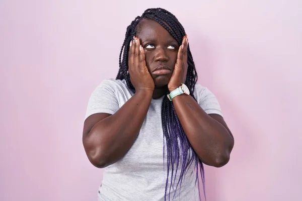Young African Woman Standing Pink Background Tired Hands Covering Face — Stockfoto