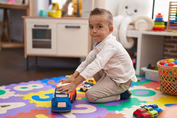 Adorable Toddler Playing Truck Toy Sitting Floor Kindergarten — Stockfoto