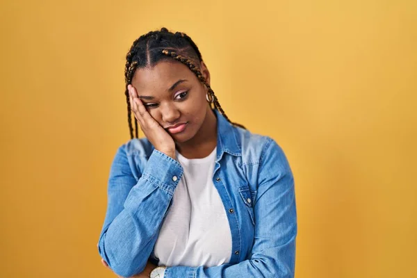 African American Woman Braids Standing Yellow Background Thinking Looking Tired —  Fotos de Stock