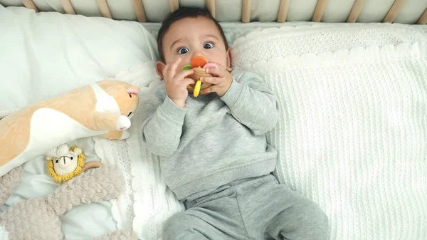 Sevimli Spanyol Bebek Yatakta Uzanıyor Yatak Odasında Oyuncak Emiyor — Stok fotoğraf