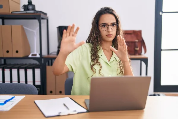 Young Hispanic Woman Working Office Wearing Glasses Afraid Terrified Fear — Stockfoto