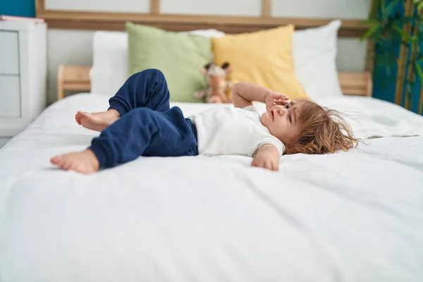 Adorable Hispanic Toddler Lying Bed Crying Bedroom — Stock Photo, Image