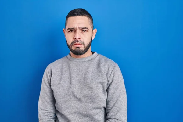 Hispanic Man Standing Blue Background Depressed Worry Distress Crying Angry — Stock Photo, Image