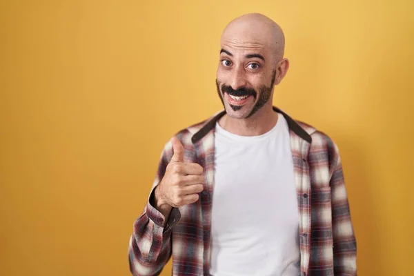 Hispanic Man Beard Standing Yellow Background Doing Happy Thumbs Gesture — Photo
