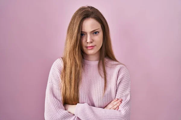 Young Caucasian Woman Standing Pink Background Skeptic Nervous Disapproving Expression — ストック写真