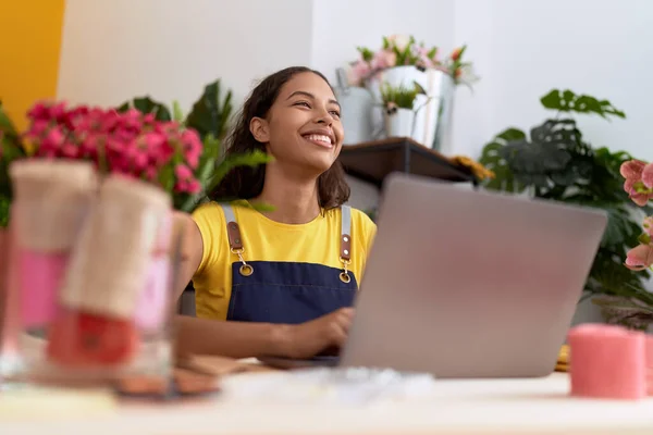 Young African American Woman Florist Smiling Confident Using Laptop Flower —  Fotos de Stock