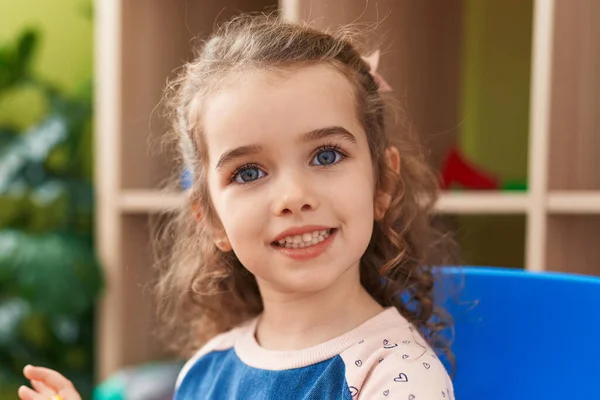 Adorable Blonde Girl Smiling Confident Sitting Chair Kindergarten — Stock Photo, Image