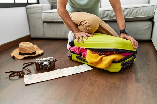 Middle Age Grey Haired Man Preparing Suitcase Travel Home — Stock Photo, Image