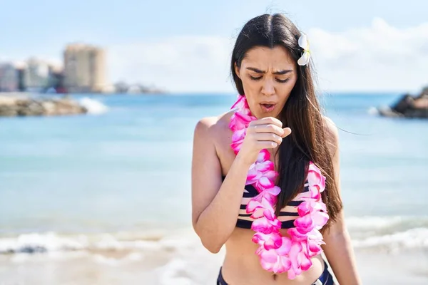 Young Brunette Woman Wearing Bikini Beach Feeling Unwell Coughing Symptom — Stockfoto