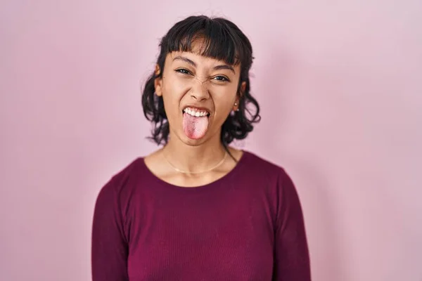 Young Beautiful Woman Standing Pink Background Sticking Tongue Out Happy —  Fotos de Stock