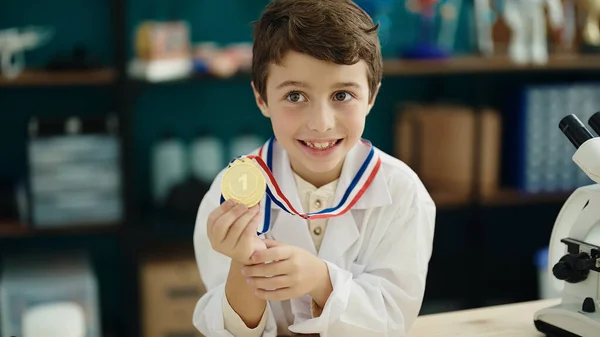 Adorable Hispanic Boy Student Smiling Confident Holding Gold Medal Laboratory — Stock Photo, Image
