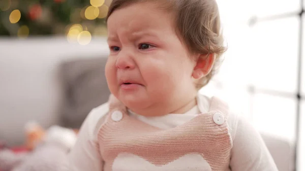 Adorable Toddler Standing Christmas Tree Crying Home — Stock Photo, Image