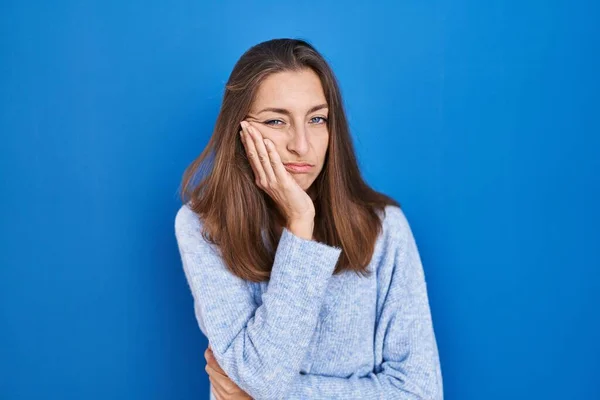 Young Woman Standing Blue Background Thinking Looking Tired Bored Depression — 스톡 사진