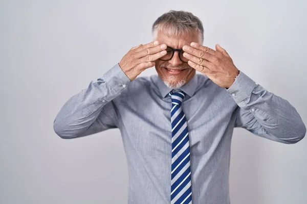 Hispanic Business Man Grey Hair Wearing Glasses Covering Eyes Hands — Stockfoto