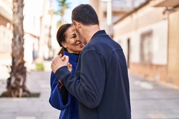 Middle Age Man Woman Couple Smiling Confident Dancing Street — Stockfoto