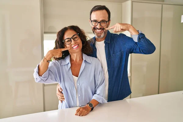 Middle Age Couple Standing Together Smiling Cheerful Showing Pointing Fingers — Φωτογραφία Αρχείου