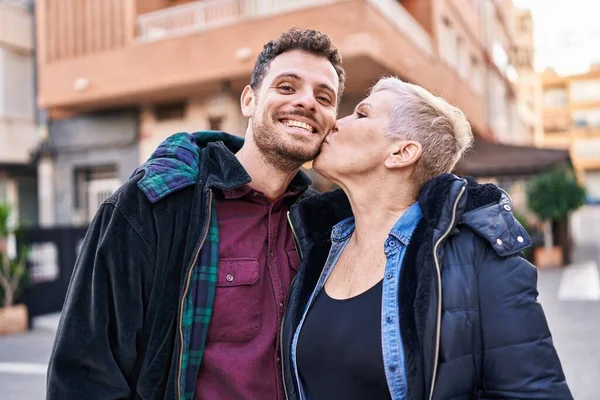 Mother Son Smiling Confident Standing Together Kissing Street — Stockfoto