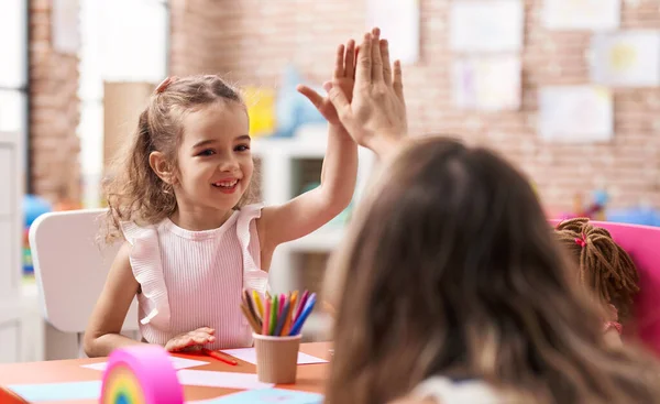 Adorable Caucasian Girl Smiling Confident High Five Hands Raised Classroom — Stock Photo, Image