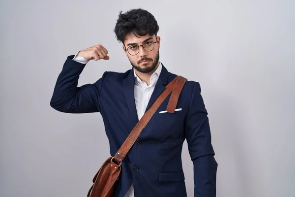 Hispanic Man Beard Wearing Business Clothes Strong Person Showing Arm — Stockfoto