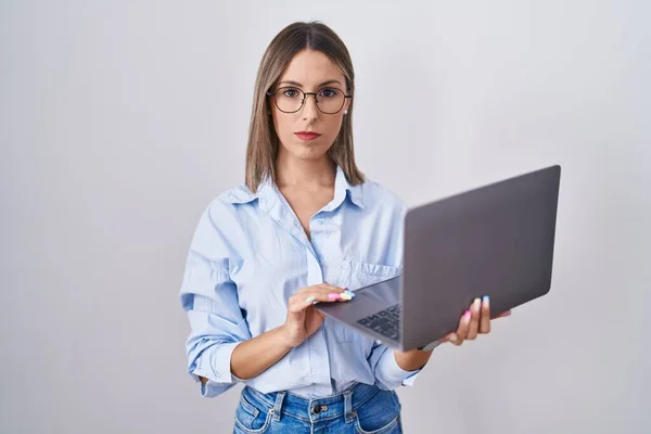 Young Woman Working Using Computer Laptop Relaxed Serious Expression Face — Stock Photo, Image