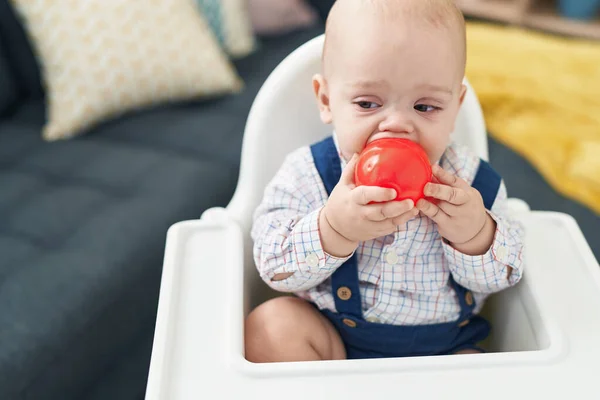 Liebenswert Kaukasischen Baby Saugen Ball Sitzt Auf Hochstuhl Hause — Stockfoto