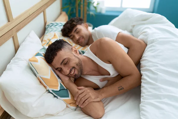 Two Hispanic Men Couple Hugging Each Other Lying Bed Bedroom — Stockfoto