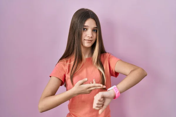 Teenager Girl Standing Pink Background Hurry Pointing Watch Time Impatience — Fotografia de Stock