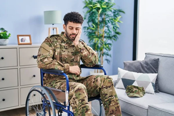 Arab Man Wearing Camouflage Army Uniform Sitting Wheelchair Thinking Looking — Foto de Stock