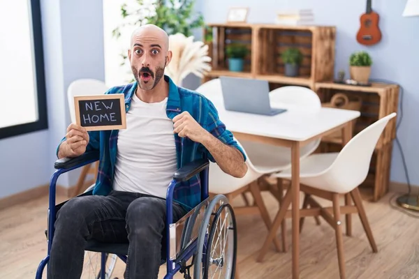 Hispanic Man Beard Sitting Wheelchair New Home Scared Amazed Open — Stockfoto