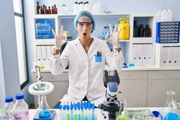 Brunette Woman Working Scientist Laboratory Looking Surprised Shocked Doing Approval — Fotografia de Stock