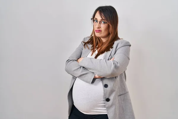 Pregnant Business Woman Standing White Background Skeptic Nervous Disapproving Expression — Stock fotografie