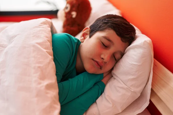 Adorable Hispanic Boy Lying Bed Sleeping Bedroom — Stockfoto