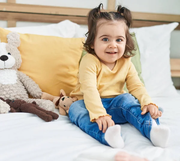 Adorable Hispanic Girl Smiling Confident Sitting Bed Bedroom — Stock Photo, Image