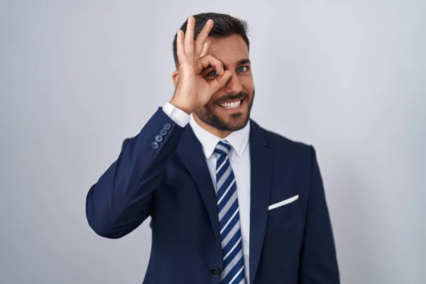 Handsome Hispanic Man Wearing Suit Tie Doing Gesture Hand Smiling — Stok fotoğraf