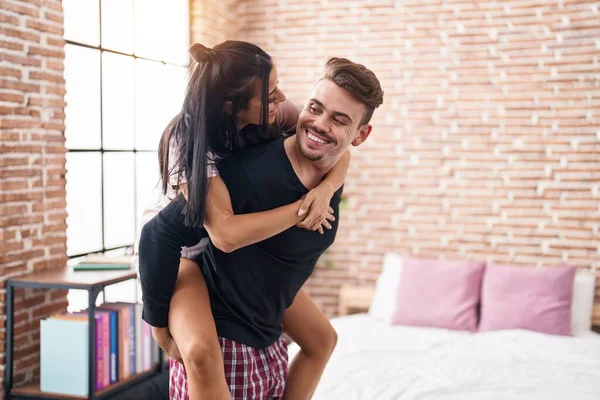 Man Woman Couple Holding Girlfriend Back Bedroom — Stockfoto