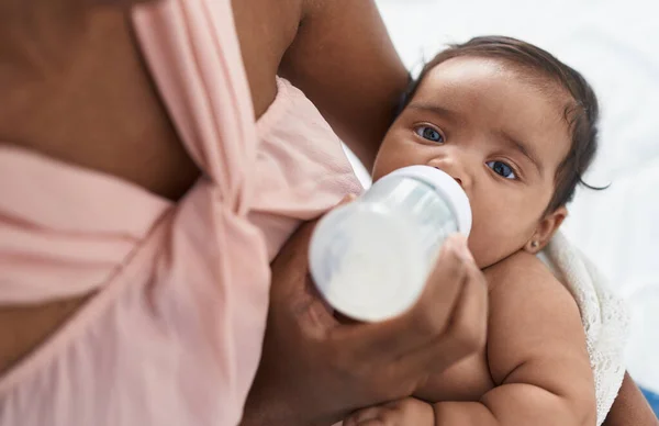 African American Baby Sucking Feeding Bottle Bedroom — Stock Photo, Image